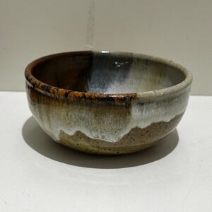 Studio Pottery Handcrafted Drip Glaze Bowl Earthy Brown Blue Cream 6.5"